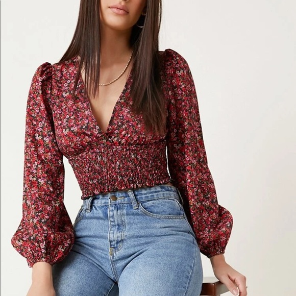 Tops - Shirred floral crop top boho gypsy print burgundy